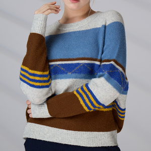 Fabricantes de prendas de punto, suéter de punto jacquard a rayas de manga larga para mujer, suéter de punto con cuello redondo - Product Image 4
