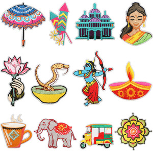 Parches Termoadhesivos de Fieltro No Tejido con Bordados de Cultura India para Diwali, con motivos de Diya, Loto, Elefante, Auto Rickshaw, Templo, Dios Hindú y Sombrero - Product Image 1