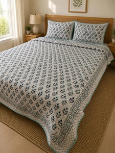 Modern Design Hand Block Printed Quilted Floral <b>Comforter</b> <b>Set</b> Handmade Jaipur Cotton Bedcover with 2 Pillow Covers - Product Image 5