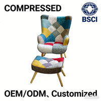 Sillón con respaldo alto y reposapiés, tapizado en lino multicolor, para sala de estar, certificado BSCI