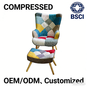Multicolor <strong>Patchwork</strong> Wingback <strong>Chair</strong> with Ottoman, Linen Upholstered Accent <strong>Chair</strong> for Living Room, BSCI Certified - Product Image 3