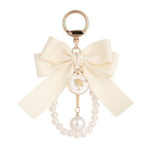 Fashion Bow Keychain Pearl Beads Chain Wrist Straps Key Ring Female Bag Charm Decor Pearl Pendant Girly Keychain Silk Key Chains