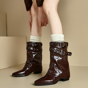 Bottines Western pour femmes à talons carrés moyens, pour pieds larges, grande taille 48, antidérapantes, à bout pointu, avec boucles de ceinture et superposition - Product Image 4