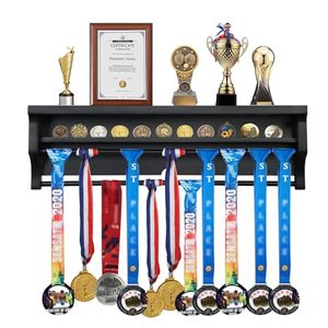 ตู้โชว์สีดำไม้เนื้อแข็งสำหรับแขวนเหรียญ ชั้นวางติดผนังพร้อมร่องสำหรับเหรียญและรางคู่สำหรับเหรียญกีฬาทุกประเภท - Product Image 1