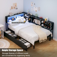 Cadre de lit en métal avec éclairage LED, station de charge USB, tiroirs de rangement et design d'angle moderne pour économiser de l'espace, idéal pour chambre à coucher