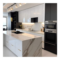 Îlot de cuisine de luxe en pierre de quartz japonaise, plan de travail sans poignée, évier intégré, lave-vaisselle, armoire de cuisine noire
