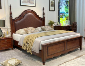 New Arrival Arched Brown Leather Upholstered Four Poster Solid Wood Bed with Carved Leg Nightstands - Product Image 6