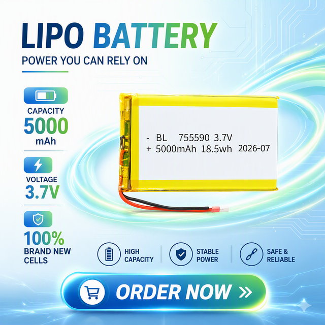 New Grade a 755590 High Capacity 3.7V 5000mAh Lithium Polymer Soft Pack Battery 18.5Wh True Capacity Support Custom Connector