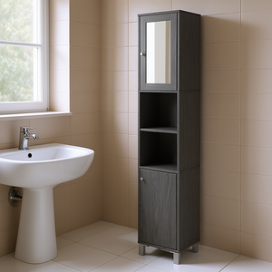 Tall Gray Bathroom <b>Cabinet</b> With Mirror Slim Linen Tower Adjustable Shelves Narrow <b>Storage</b> Furniture - Product Image 2