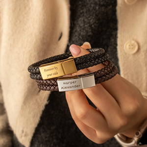 Bracciale in Pelle con Doppio Cinturino e Incisione Personalizzata, Acciaio Inossidabile Intrecciato a Doppio Strato, Regalo Personalizzato per la Festa del Papà - Product Image 2