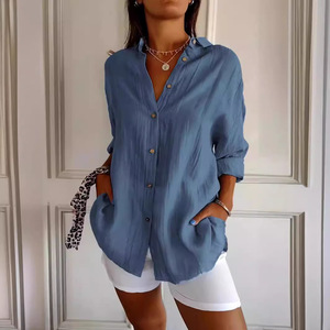 Damen-Hemdbluse mit Knöpfen, locker geschnitten, lange Ärmel, mit Taschen, lässig, für den Alltag, Büro, Damen-Oberteil - Product Image 1
