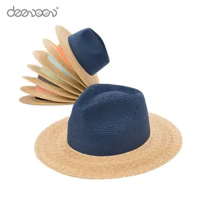 Linglong Wholesale 100% Paper Natural Panama Fedora Floppy Sun Beach Manufacturer Brim Lady Womens Men 2 Tone Straw Hats