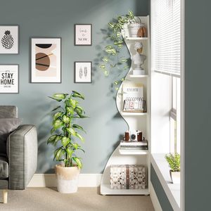 Étagère de <span class=keywords><strong>rangement</strong></span> murale moderne en bois à 5 niveaux sans perforation avec acier inoxydable pour salon chambre cuisine - Product Image 3