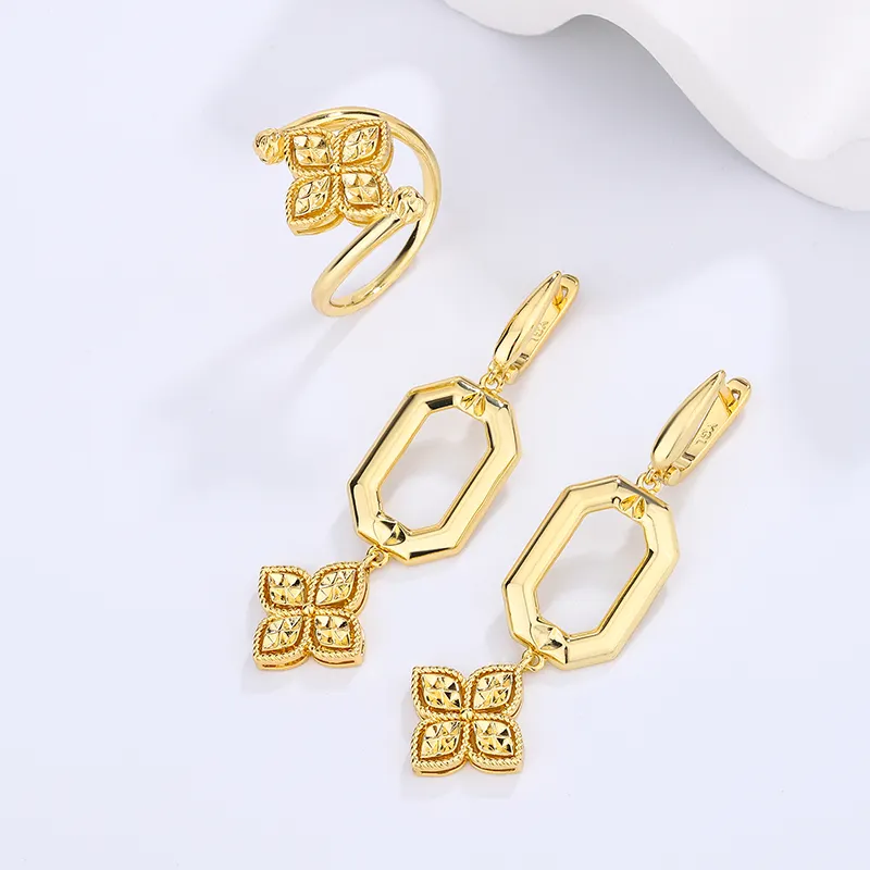 Conjuntos de joyas chapadas en oro de 18K-Conjunto de pendientes y anillos de flor de gota larga para mujer conjuntos de joyas joyería oro de 24K