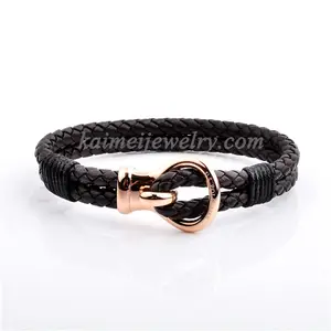 High Quality Handmade Knitted Double Layer Clasp Mens Brown Braided Leather Bracelet