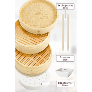 Panier vapeur en <span class=keywords><strong>bambou</strong></span> 12 pouces, 2 niveaux, capacité <span class=keywords><strong>10L</strong></span>, avec couvercle en <span class=keywords><strong>bambou</strong></span>, compatible gaz et induction, 50 doublures, baguettes, plat à sauce, style asiatique - Product Image 3