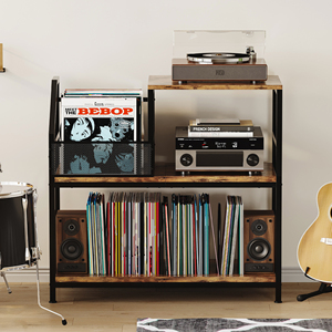 Support de tourne-disque tournant <span class=keywords><strong>vintage</strong></span> avec 3 étagères réglables à plusieurs niveaux, support de CD, plateau tournant en bois pour salon - Product Image 1