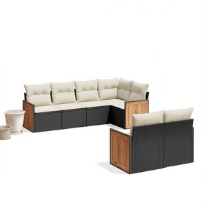 Set Divano da Giardino in Rattan PE Nero, 6 Posti, Design Contemporaneo con Telaio in Legno di Teak e Piedini Regolabili, Arredamento da Esterno - Product Image 1