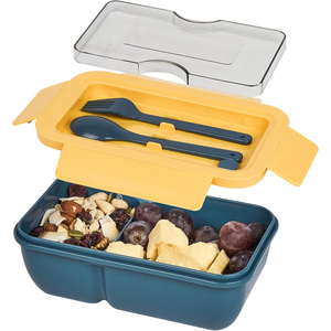 Plastic 1100ML One Layer Two <b>Compartment</b> BPA Free Newborn Airtight Rectangular Bento <b>Lunch</b> <b>Box</b> with Fork and Spoon - Product Image 1