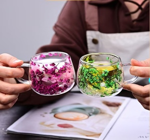 Nouveau design tasse à thé en verre à haute teneur en borosilicate résistant à la chaleur tasse à lait à double fleur séchée avec poignée tasse à café - Product Image 3