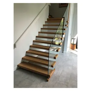 モダンなデザインのインテリアストレート木製フローティング階段トレッドステップ強化ガラス手すり階段