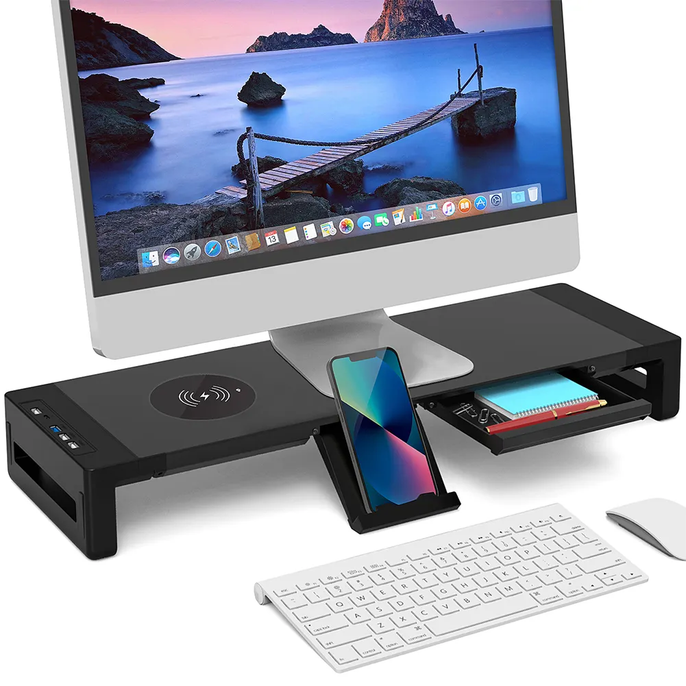 Monitor Faltbarer Stand Riser USB 3.0 Hub unterstützt Daten übertragung und kabelloses Laden mit Storage Box Desk Organizer für Laptops