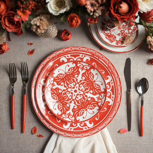 Service d'assiettes personnalisables en porcelaine fine à motif floral rouge, 4 pièces, compatibles lave-vaisselle, style chinois, pour mariage, restaurant, maison - Product Image 1