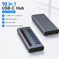 Hub USB C 10 en 1 con 10 Puertos, Divisor Múltiple de Aluminio con 10 Interruptores Individuales, Adaptador de Corriente de 20V 3A, 95W PD