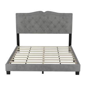 Full <b>Size</b> Upholstered <b>Bed</b> Frame with Rivet Design, Modern Velvet Platform <b>Bed</b> with Tufted Headboard Gray for Bedroom - Product Image 5
