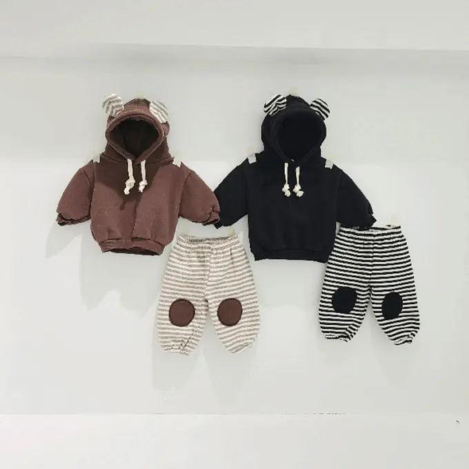 Custom Infant Toddler 2pcs Set Cotton Casual Girl Boy Little Bear Shape Hooded Sweatshirt Top + Pants Fleece Warm Sportswear Set