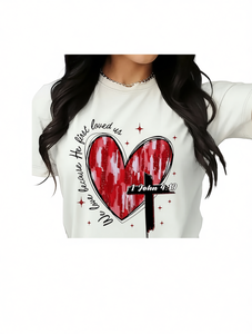 T-shirt da donna a maniche corte per San Valentino, stampa cuore e lettere, girocollo, casual, traspirante, 100% cotone jersey, top primaverile - Product Image 1