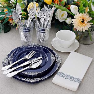 Ensemble de vaisselle pour 25 invités, 175 pièces, 50 assiettes <span class=keywords><strong>bleu</strong></span> foncé avec bordure argentée, 75 couverts argentés, 25 tasses, 25 serviettes pour fête - Product Image 2
