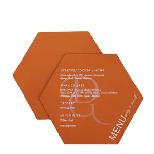 2024 nuevas tarjetas de menú de papel de perla naranja con forma de hexágono elegante, menús de boda de papel de estampado personalizados