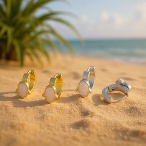 Orecchini a Cerchio con Design a Forma di Palma in Conchiglia Oro e Argento Acero 6mm - Product Image 3