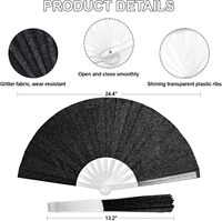 Éventail pliant noir scintillant à paillettes, grand éventail transparent brillant pour festivals de musique, soirées, mariages et spectacles