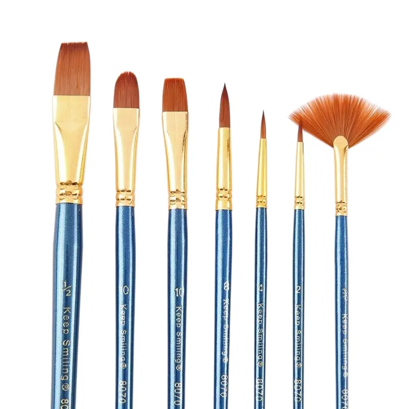Keep Smiling 7pcs Pearl Blue Nylon Hair Wood Handle Watercolor Artist Brush Brushes Set For Art Painting