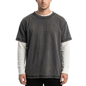 เสื้อยืดแขนยาวทรงหลวมสไตล์วินเทจสำหรับผู้ชาย ยี่ห้อ TOPSHOW รุ่น Custom Double Sleeve Contrast ลาย Acid Wash - Product Image 1
