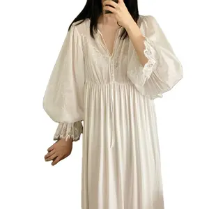复古时尚女装棉质睡袍复古法式蕾丝甜美睡衣长款睡裙