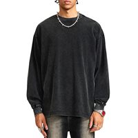 230g 100% katoenen kraagloze distressed T-shirt met lange mouwen, wijde schouderlijn, gewassen vintage herfstlook, oversized unisex top