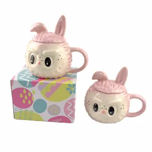 批发3D兔子咖啡杯带盖可爱动物杯卡通陶瓷小雕像茶杯复活节生日兔子男孩礼物