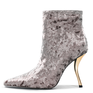 Bottines à talons irréguliers en velours doux pour femmes, avec fermeture éclair latérale et bout pointu, talons hauts à crochet doré - Product Image 5