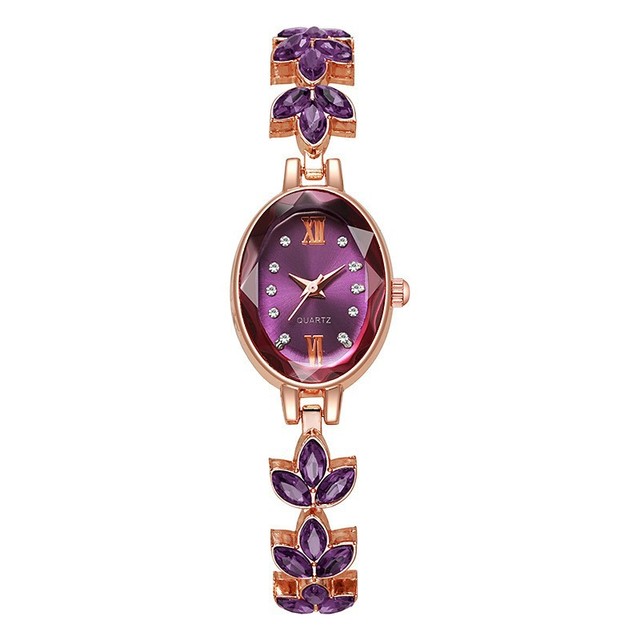 Elegant Oval Women's Watch Rose Gold Tone with Roman Numerals Red Rhinestone-Studded Bracelet
