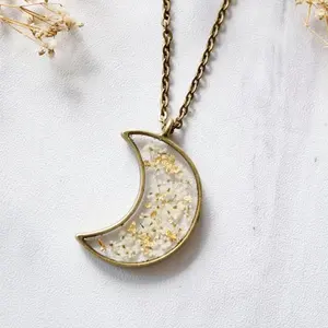 Vintage Bronze Handmade Real Pressed Flower Resin Jewelry Celestial Beach Moon Necklace In White And Gold Foil Mix
