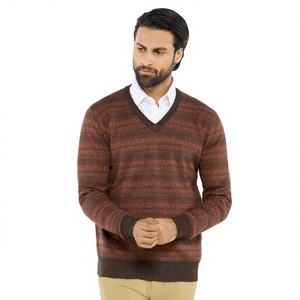 Pull en tricot rayé marron pour homme, col en V, manches longues, style automne - Product Image 1