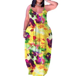 Último vestido informal <span class=keywords><strong>Sumer</strong></span> mujer Verano de gran tamaño sin mangas correa de espagueti suelto vestido floral bohemio - Product Image 1