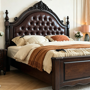 Nueva llegada: Cama de cuatro postes de madera maciza con cabecero floral tallado, tapizado de cuero marrón oscuro con capitoné de diamante y mesita de noche tallada con almacenamiento. - Product Image 5