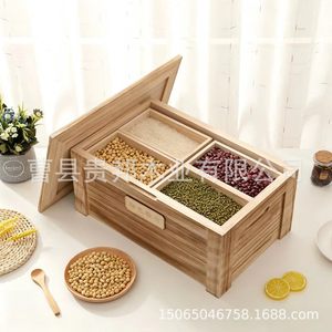 Caja de almacenamiento de madera maciza con compartimentos para arroz y cereales de cocina, tapa rectangular de madera, varios tamaños - Product Image 3