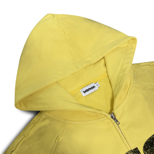 Sudadera con capucha amarilla oversize con cremallera para hombre, diseño desgastado en los hombros con estampado 'I Miss 2016', estilo casual, ODM OEM - Product Image 4