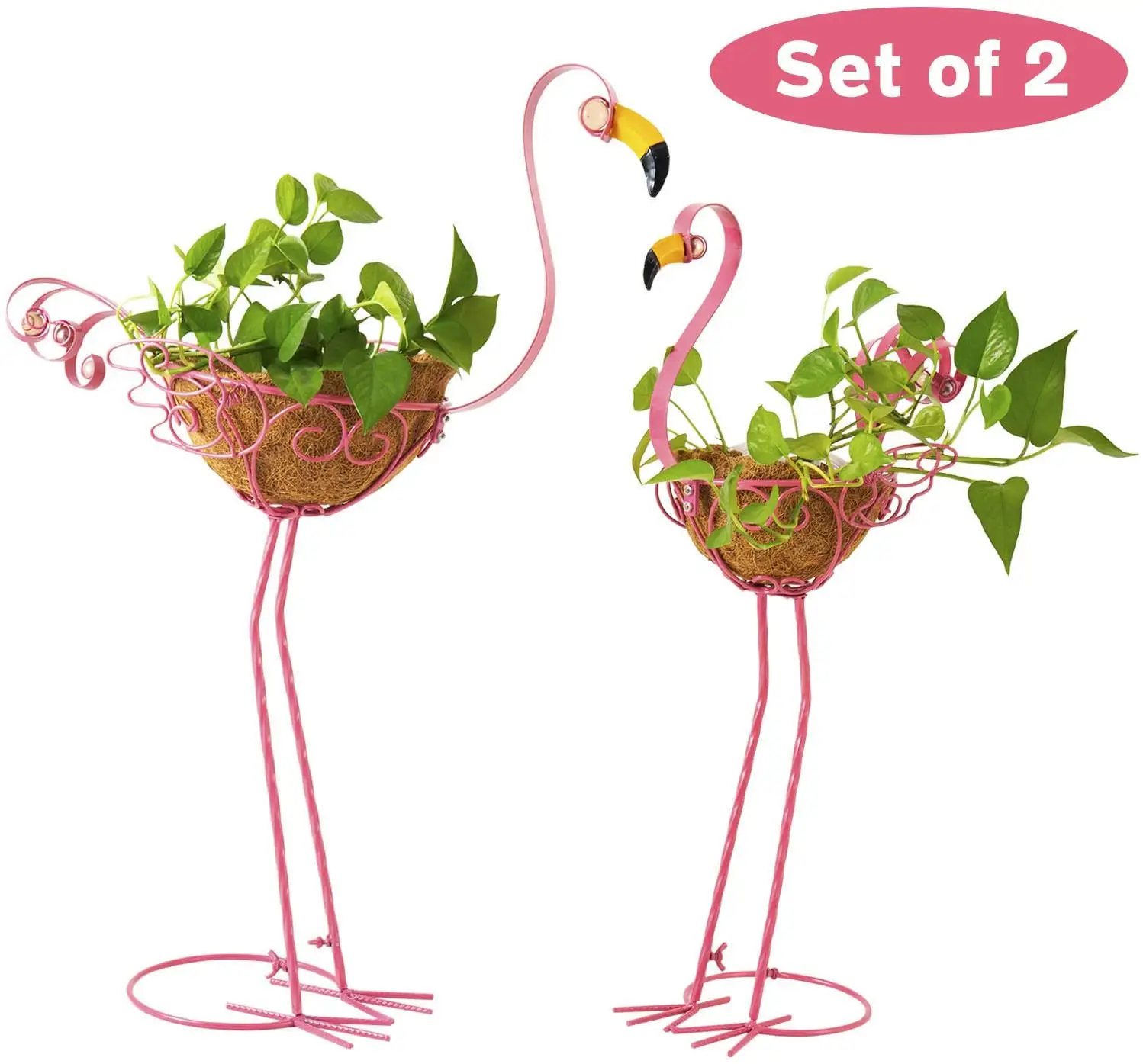 Enfeites de flamingos rosa de metal com plantador