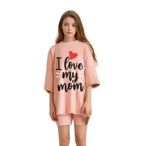 Conjunto de pantalones cortos de algodón para mujer de dos piezas con estampado de logotipo del Día de la madre de verano a la moda personalizada